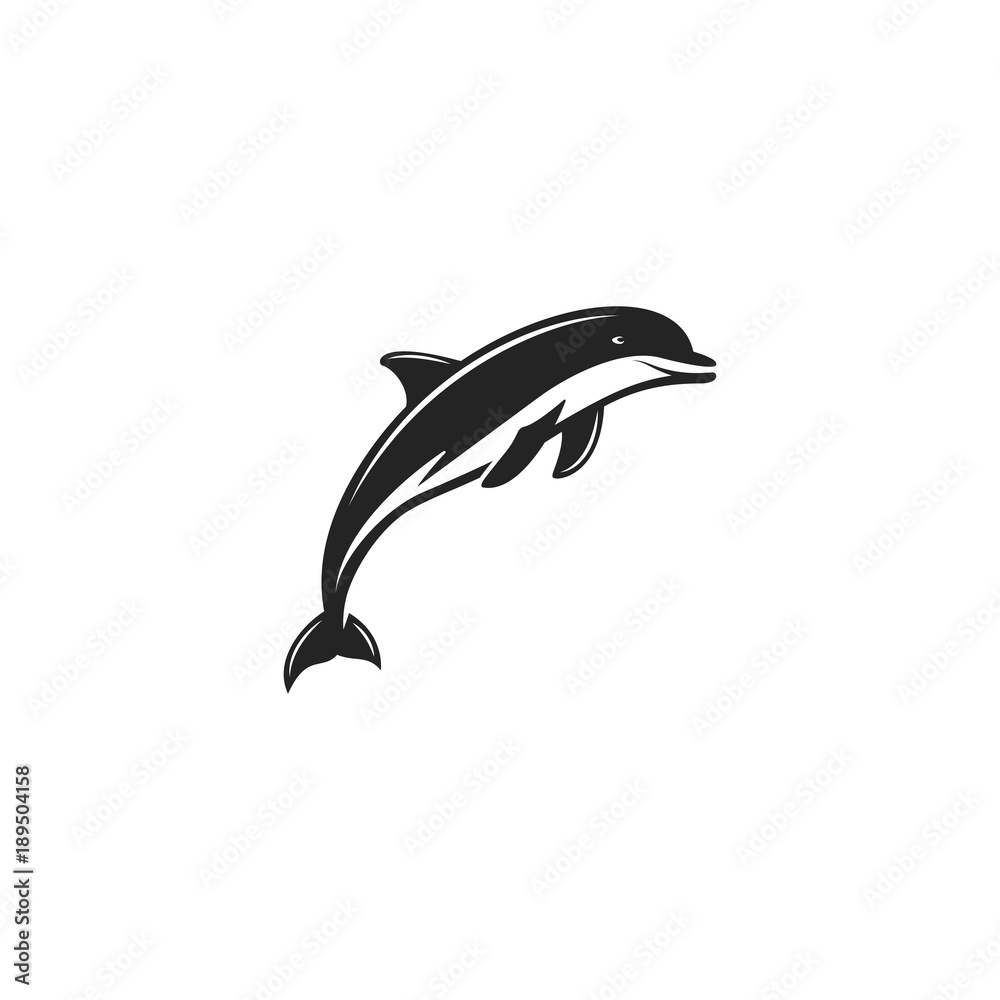 Dlphin black icon. Silhouette symbol of dolphin isolated on white background. Wild animal pictogram for logotype templates, badges, logo, t shits, tee designs. Stock vector illustration Dlphin black icon. Silhouette symbol of dolphin isolated on white background. Wild animal pictogram for logotype templates, badges, logo, t shits, tee designs. Stock vector illustration
