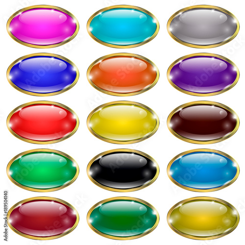 Set of glass oval buttons, 
in a gold frame. Illustration vector