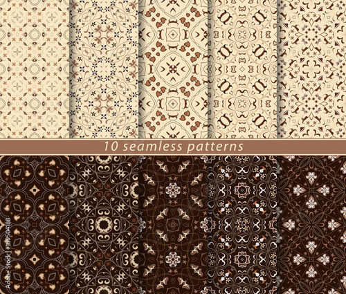Ten seamless patterns in Oriental style. Eastern ornaments for design fabric, wrapping paper or scrapbooking. Vector illustration in brown colors, arabic motif.