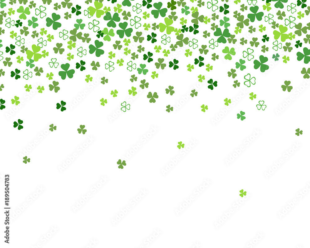 Green flat clover shamrock leaves isolated on white background. Abstract St. Patrick's day background for your greeting cards design or website. Vector illustration Green flat clover shamrock leaves isolated on white background. Abstract St. Patrick's day background for your greeting cards design or website. Vector illustration