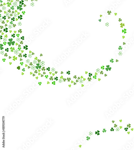 Abstract St. Patrick's day background for your greeting cards or party poster design. Swirl stream from clover shamrock leaves isolated on white background. Vector illustration