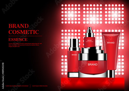Cosmetic set with red stand on red spot light background