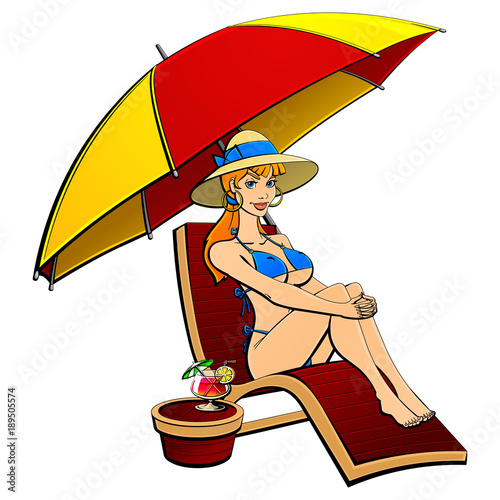 Sexy girl in a blue swimsuit, sunbathing under a beach umbrella in a deckchair.