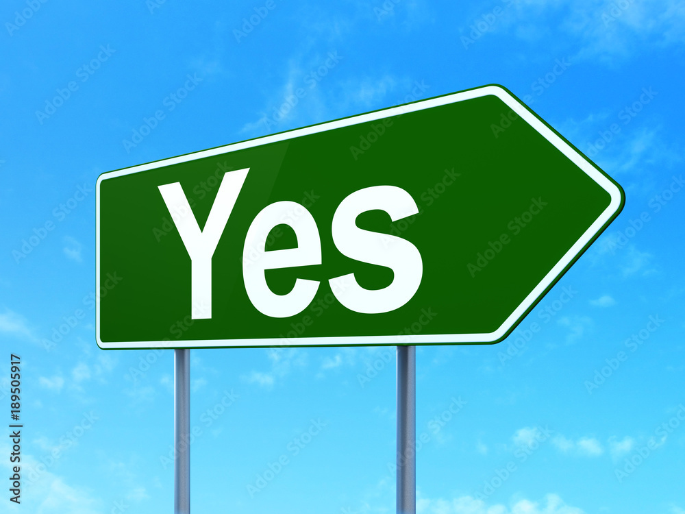 Finance concept: Yes on green road highway sign, clear blue sky background, 3D rendering Finance concept: Yes on green road highway sign, clear blue sky background, 3D rendering