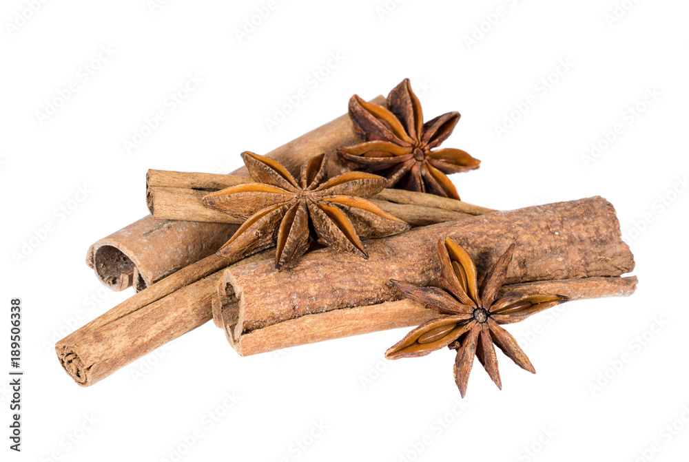 Cinnamon sticks and star anise spice fruits