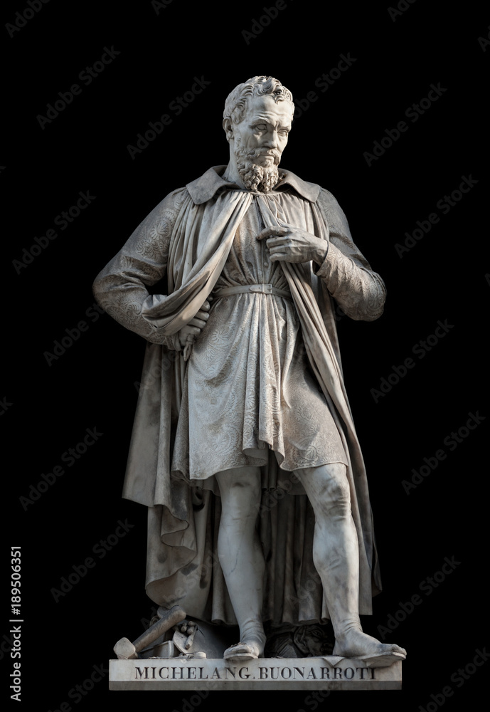 Michelangelo Buonarroti statue, by Emilio Santarelli, 1840. It is located in the Uffizi courtyard, in Florence. On black background (path selection included)