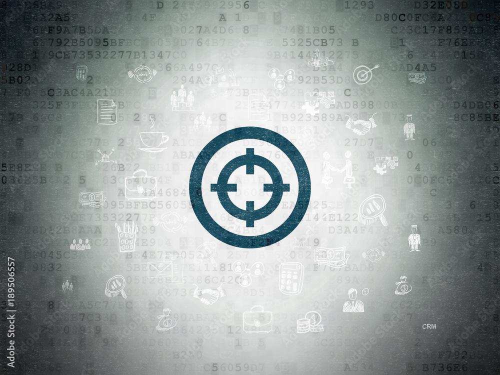 Obraz premium Finance concept: Painted blue Target icon on Digital Data Paper background with Hand Drawn Business Icons