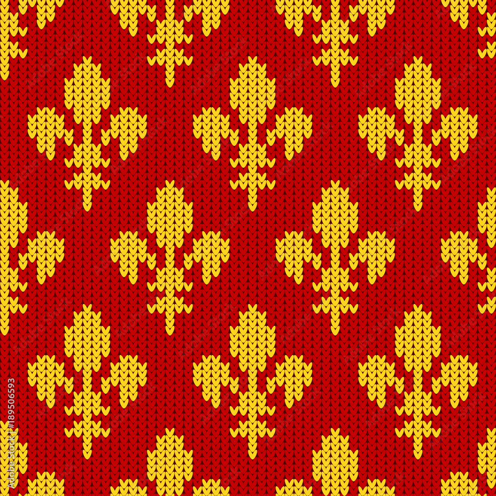 Fleur-de-lis on a seamless vector woolen pattern. Knitted woolen pattern with Heraldic lilies. Golden royal lilies on red Fleur-de-lis on a seamless vector woolen pattern. Knitted woolen pattern with Heraldic lilies. Golden royal lilies on red