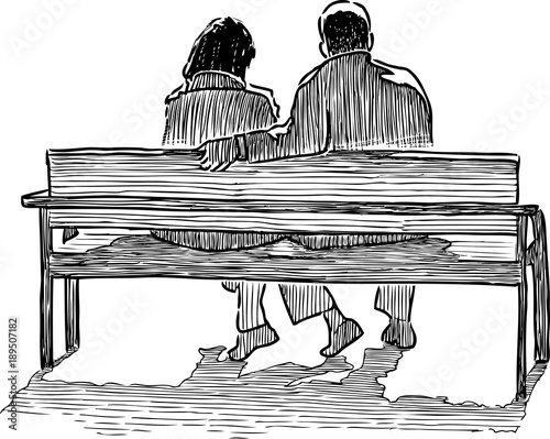 A couple of townspeople sitting on a park bench