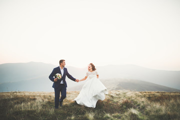 Wedding couple posing on sunset at wedding day. Bride and groom in love