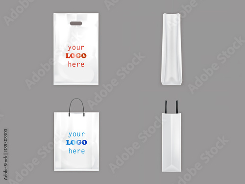 Plastic and paper shopping bags vector isolated realistic white blank templates for branding. 3D realistic illustration of plastic and paper packaging with handles isolated front and side view