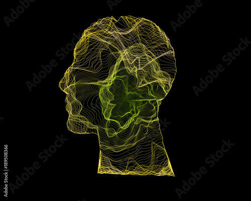 Human head with generative curve line. Concept of artificial intelligence, AI, deep learning. Vector