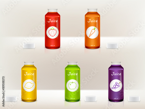 Vector set of realistic juice bottles, jars. Glass, plastic transparent containers for strawberry, lemon, apple, grape, carrot liquid. Package design for advertisement, promotion, internet networking