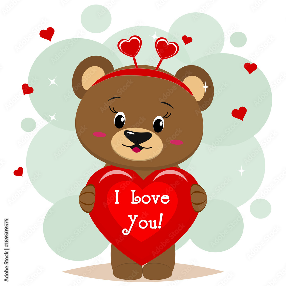 Sweet bear brown in a red bow is worth and keeps in the clutches of a red heart with an inscription, in the style of cartoons. Sweet bear brown in a red bow is worth and keeps in the clutches of a red heart with an inscription, in the style of cartoons.