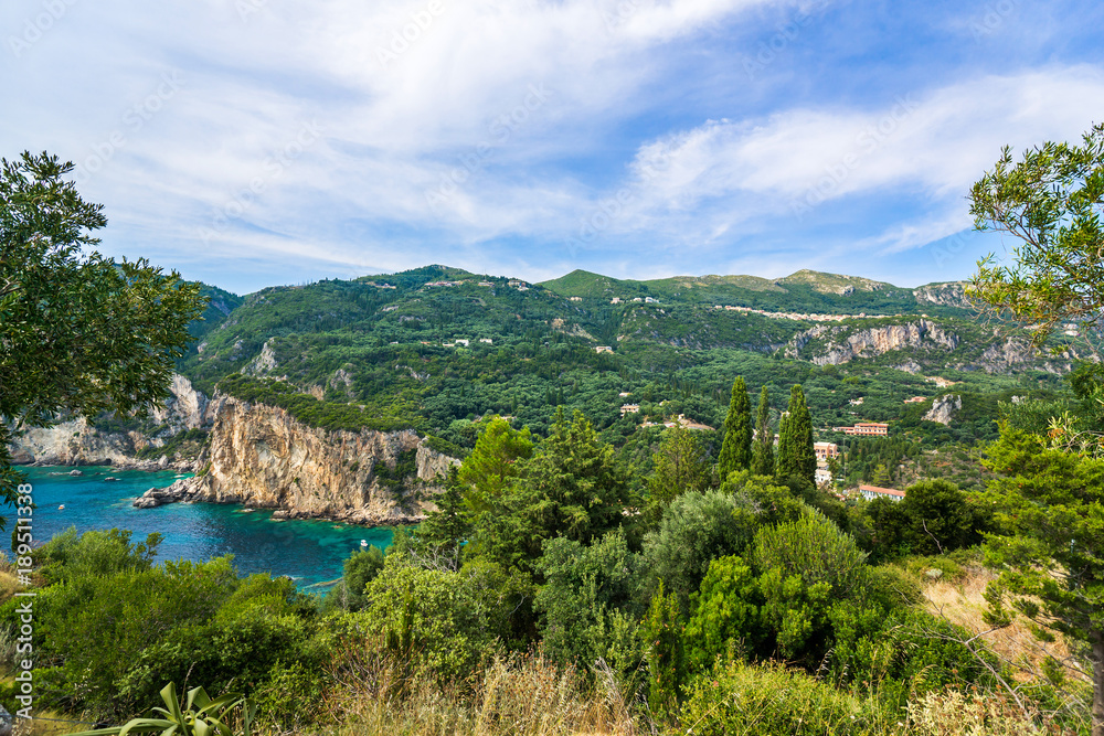 Scenic view on the green hills and bay of Ionian sea. Corfu. Greece.