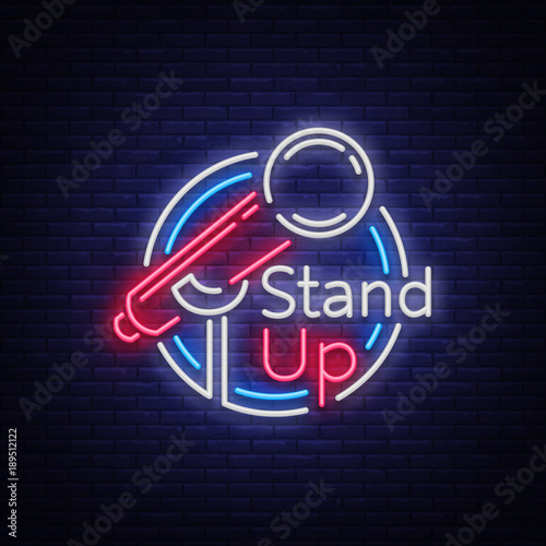 Stand Up Comedy Show is a neon sign. Neon logo, symbol, bright luminous banner, neon-style poster, bright night-time advertisement. Stand up show. Invitation to the Comedy Show. Vector