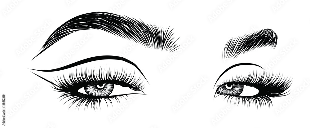 Hand-drawn woman's sexy makeup look with perfectly perfectly shaped eyebrows and extra full lashes. Idea for business visit card, typography vector. Perfect salon look