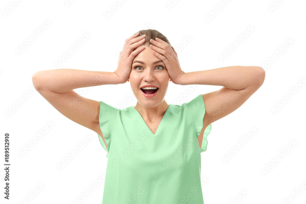 Portrait of beautiful emotional woman on white background Portrait of beautiful emotional woman on white background