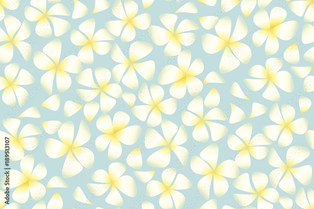Tropical exotic plumeria flowers in simple elegant style on pale blue background. Abstract decorative frangipani floral vector illustration. Seamless pattern. Repitable motif