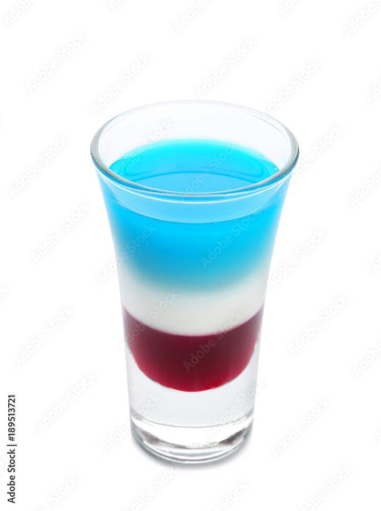 Layered cocktail in colors of American flag on white background Layered cocktail in colors of American flag on white background