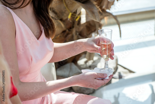New year celebration. Girl in beautiful pink, glamorous dress is holding a champagne glass full of sparkling wine. Cheerful bride and bridesmaids party