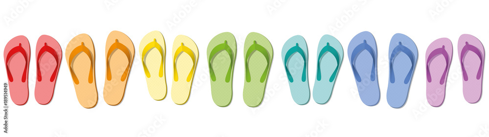 Flip flops - colored summer slippers, symbolic for group travel, team, friends or family holiday - isolated vector illustration on white. - obrazy, fototapety, plakaty 