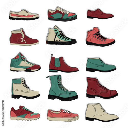 Set of sports and classic shoes in turquoise, pink, white and red colors eps 10 illustration
