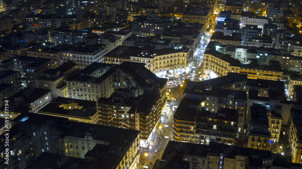 Aerial night view of Piazza Vanvitelli al Vomero. This roundabout surrounded by palaces and houses is located in the Vomero district in Naples, Italy.