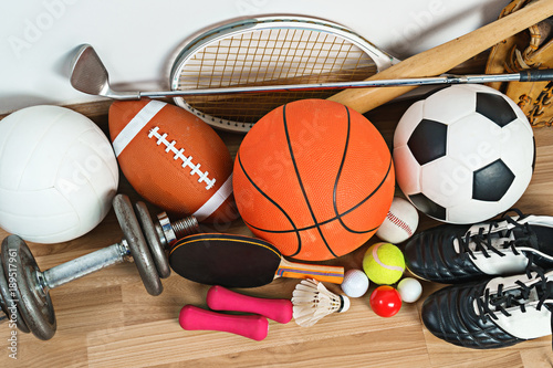 Sports Equipment on wooden background