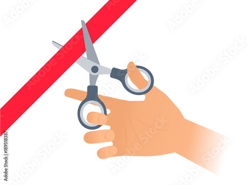 Hand with pair of scissors cuts the red band. Flat concept illustration of cutting with scissors of the ribbon at opening ceremony. Vector infographic elements isolated on white background.