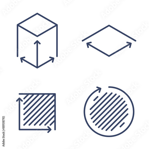 Size, square, area concept linear icons. Volume, capacity, acreage line symbols and pictograms. Size and square dimension and measuring vector outline icon set. Thin contour infographic elements.