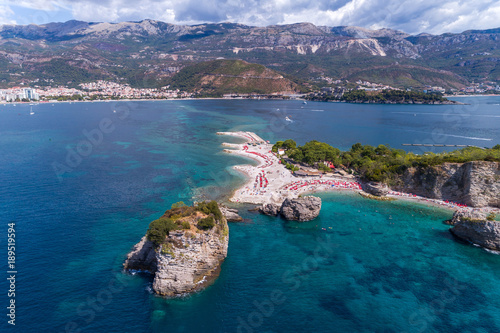 Fototapeta Naklejka Na Ścianę i Meble -  Aerial view on the beach on the island of St. Nicholas. Montenegro. 