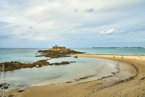 Saint Malo beach, Fort National and rocks during Low Tide. Brittany, France, Europe. 