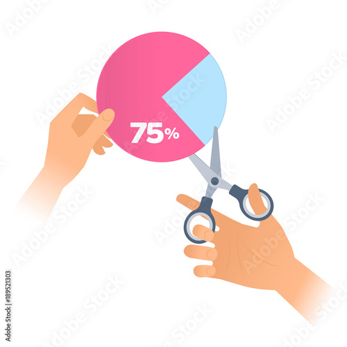 Human hand is using a scissors to cut a 75 percent section of pie chart off. Flat illustration of steel office shears with plastic handles cutting out a percentage from profit. Vector business concept