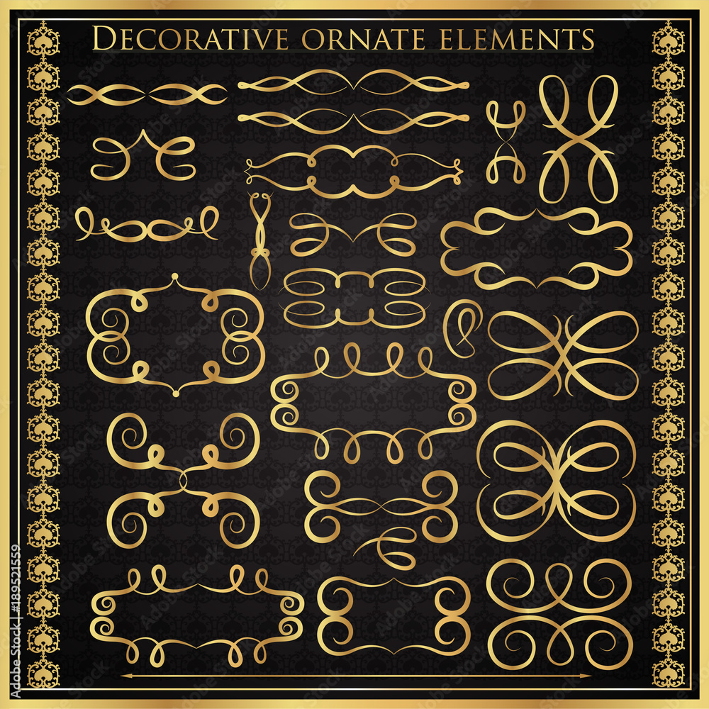 Set of golden decorative elements on a black background