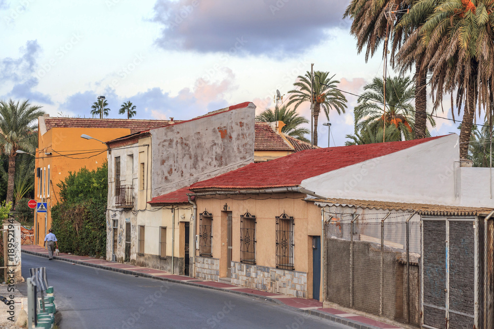 Street view, colored houses and palm trees in Murcia,Spain.
