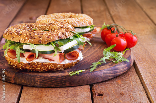 Homemade Sandwich With Arugula, Cheese, Cucumber and Ham