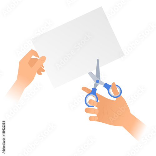 Human hand with a pair of scissors cuts off a piece of paper. Flat illustration of a steel office shears with plastic handles cutting up a paper sheet. Vector template isolated on white background.