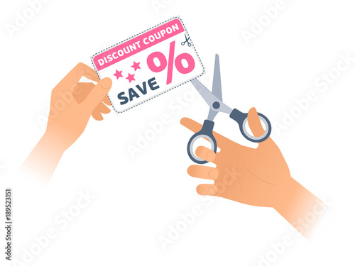 Hand is using a pair of scissors to cut out a discount coupon from paper sheet along dotted line border. Flat vector concept illustration of office shears cutting out promotion card with special offer photo