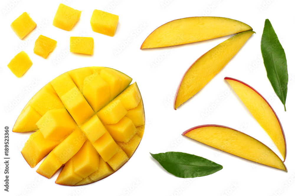 mango slice with green leaves isolated on white background. top view mango slice with green leaves isolated on white background. top view