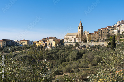Panorama of the small town of Cipressa  Liguria  Italy   surrounded by olive trees cultivation. Typical Italian country village overlooking the Mediterranean sea  Ligurian Riviera.