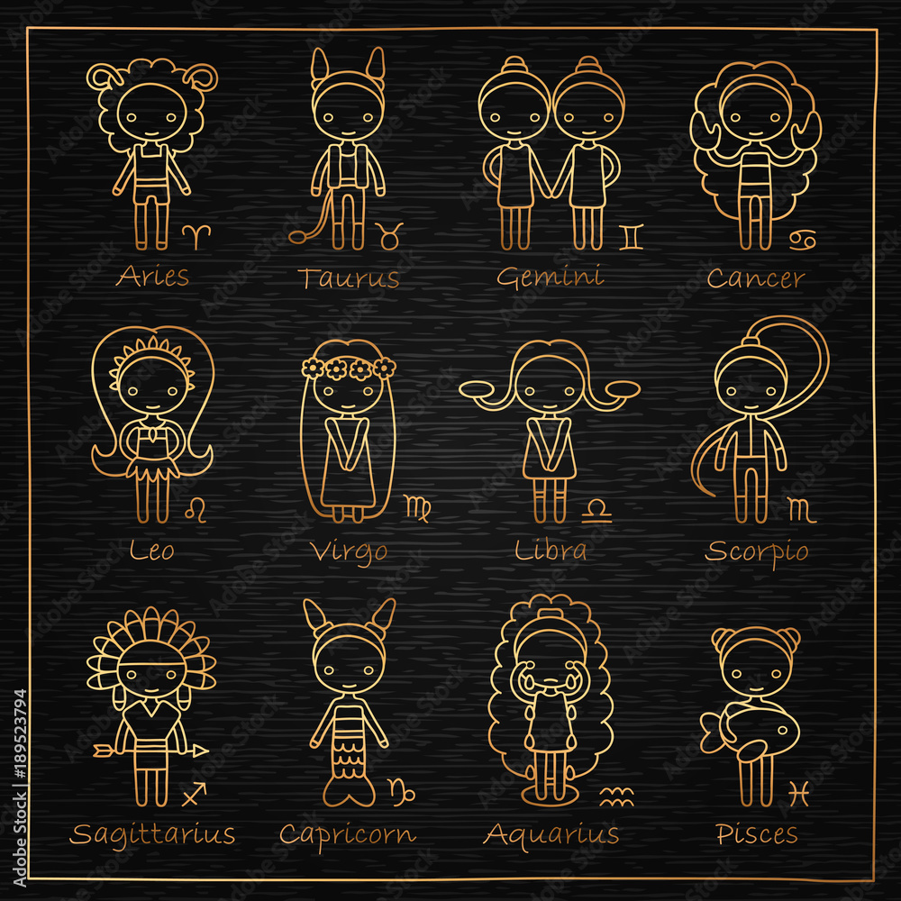 Naklejka premium vector set of the twelve hand drawing Zodiac Signs Aries, Taurus, Gemini, Cancer, Leo, Virgo, Libra, Scorpio, Sagittarius, Capricorn, Aquarius, Pisces and black wooden background
