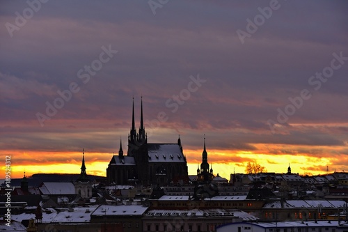 Petrov.Cathedral of Saints Peter and Paul in Brno Czech Republic. Night photo of beautiful old architecture at sunset.