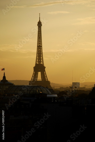 The Eiffel Tower at sunset on the Paris skyline