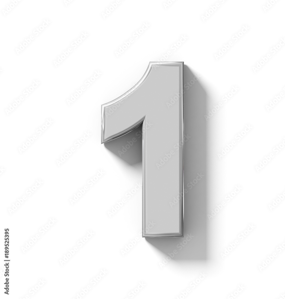 number 1 3D silver isolated on white with shadow - orthogonal projection