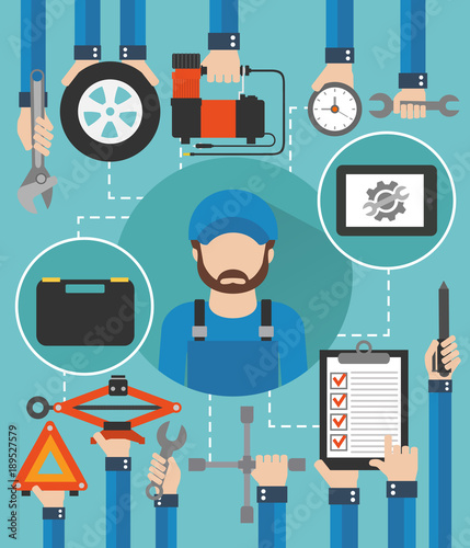 Car service , tire fitting with mechanic isolated vector illustration
