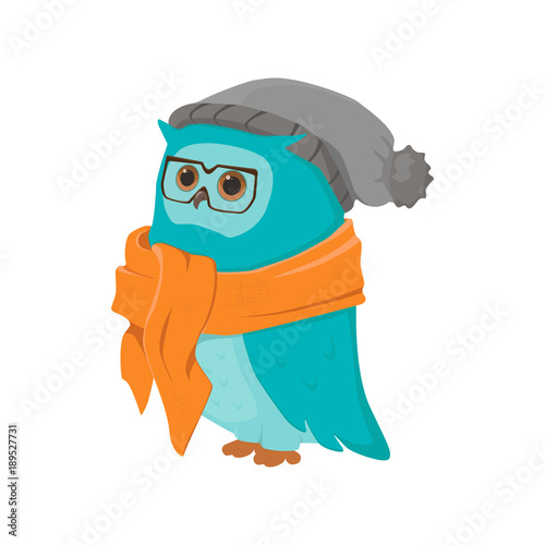 cartoon owl with glasses, scarf and hat with pompom