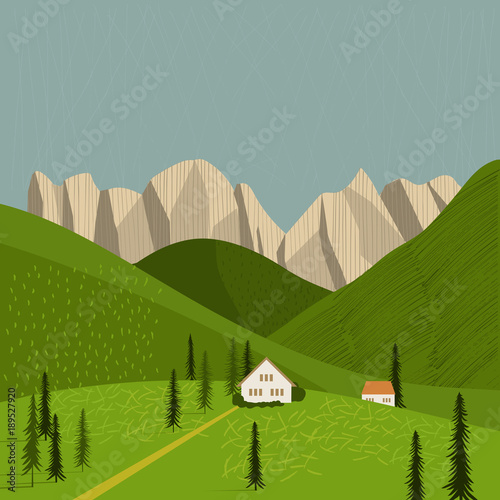 Alps.Houses in the mountains  Vector illustration.