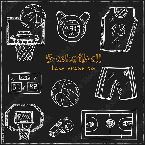Basketball. Hand drawn doodle set. Sketches. Vector illustration for design and packages product.