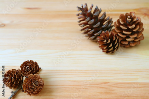 Dry Rose-shape Mini Pine Cones and another Blurry Dry Pine Cones in Background, Isolated on Wooden Table with Copy Space 